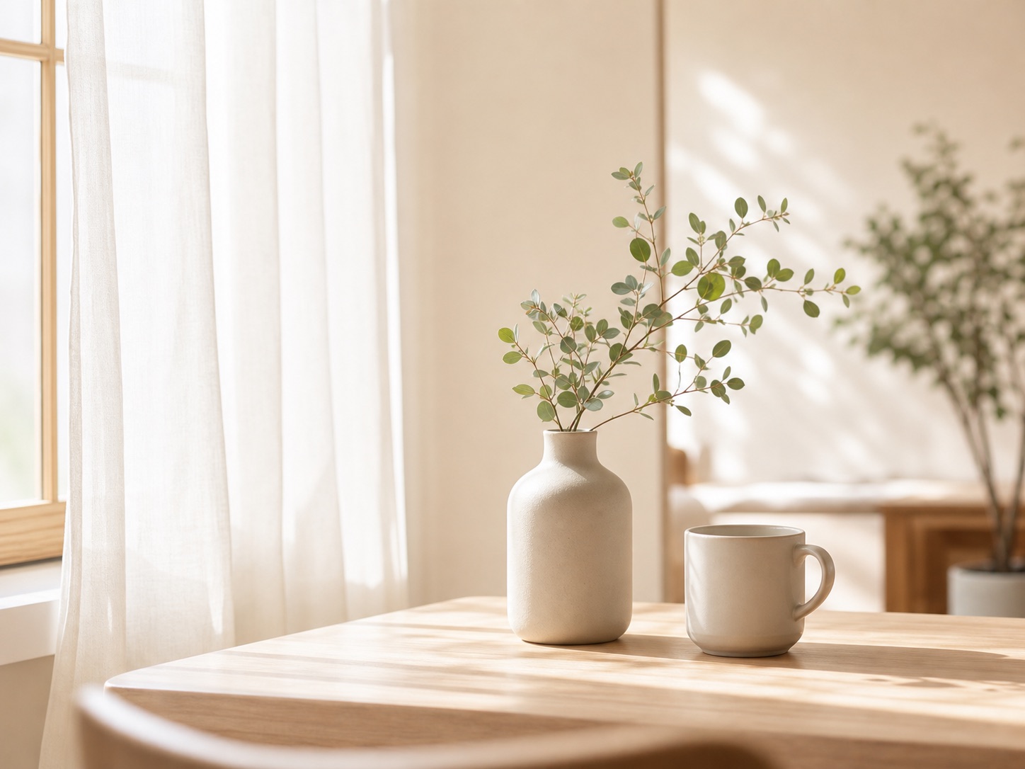 花器とマグカップのある明るい相談風景