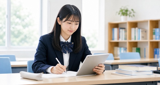 高校生がタブレットで勉強している様子