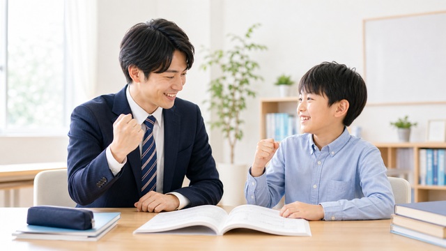 講師と生徒が笑顔で学習している様子