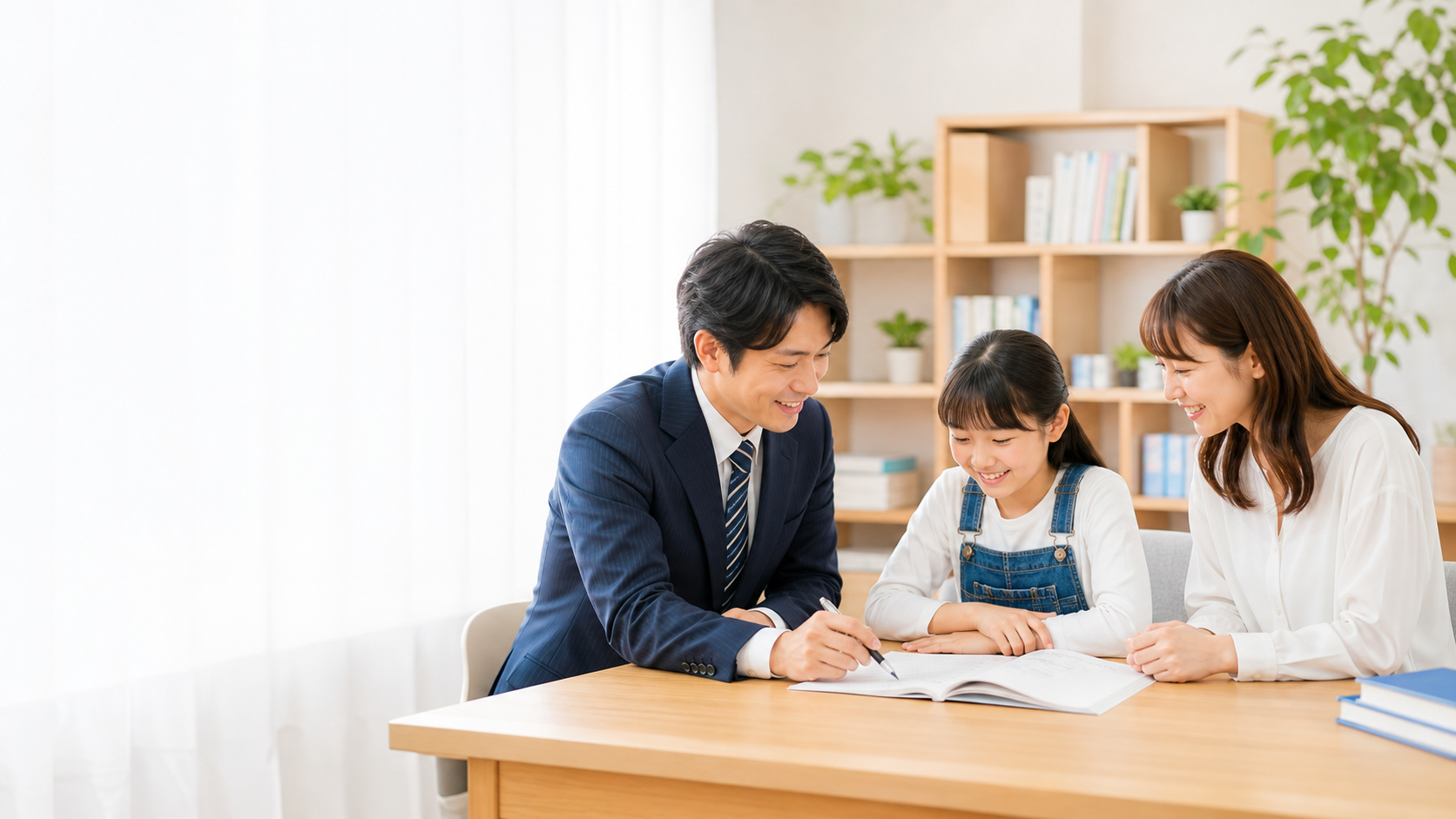 講師と親子が学習相談をしている様子