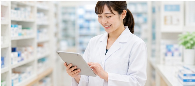 薬剤師がタブレットで確認している様子