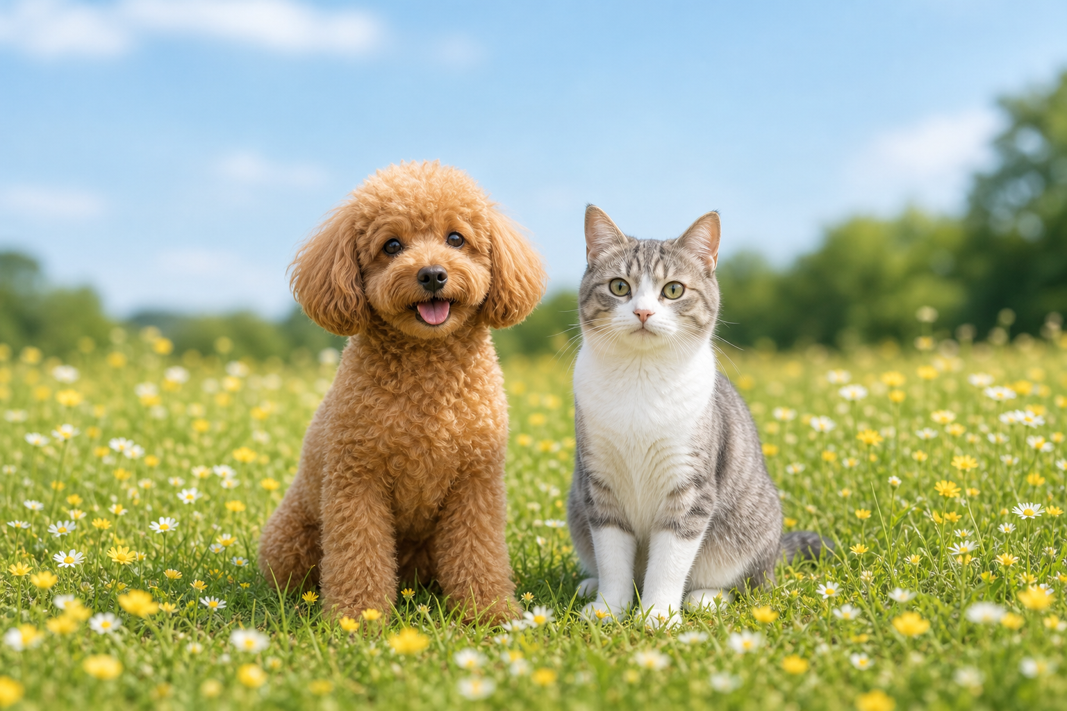 草原にいる犬と猫